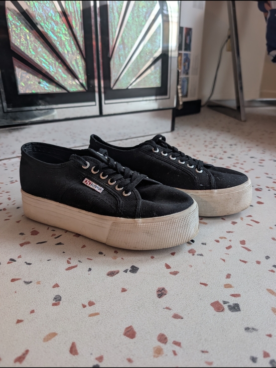 Superga Shoes - Superga Black Canvas Platform Sneakers with White Sole